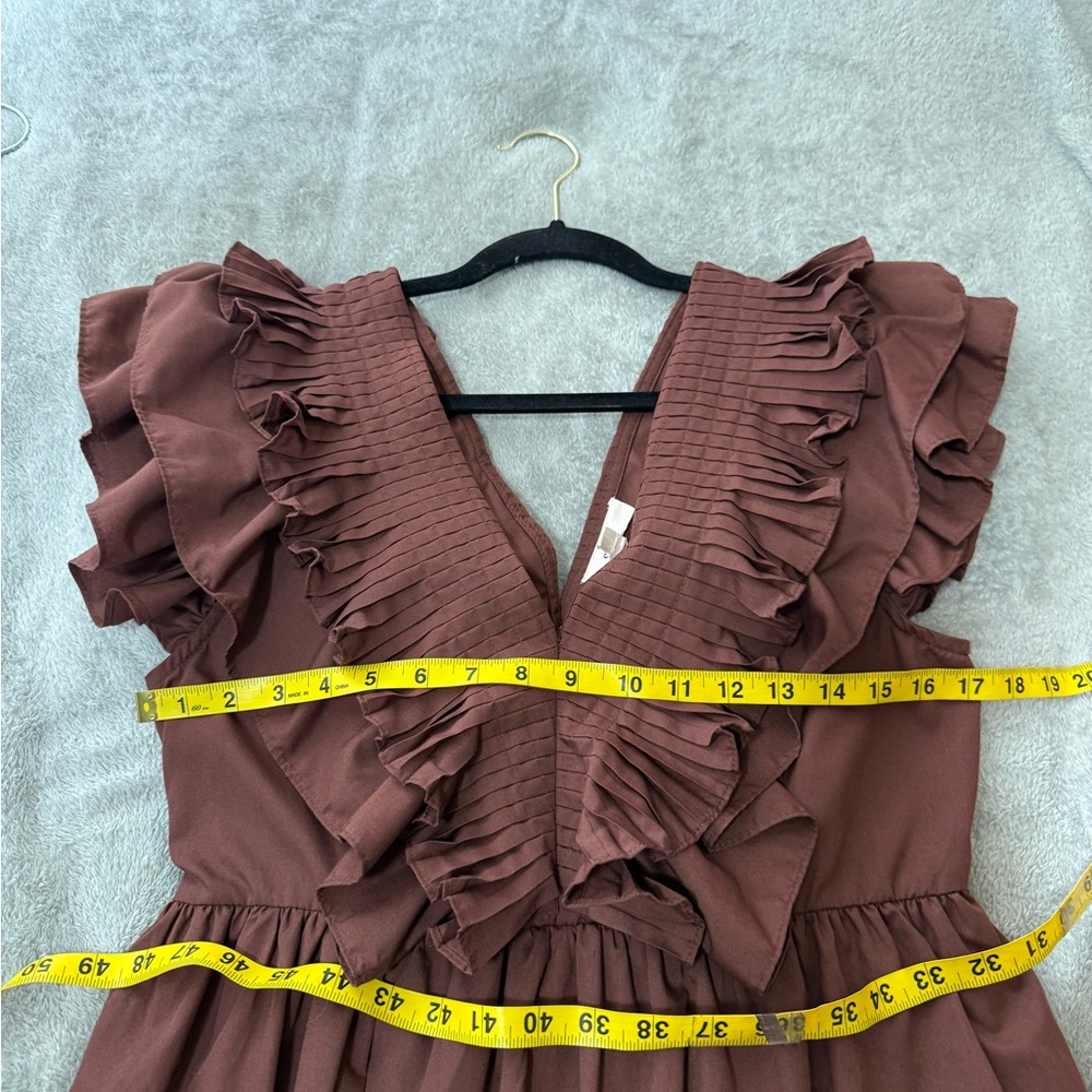 Entro Ruffle Pleated V-neck Mini Babydoll Dress Size L Chocolate Brown - Picture 6 of 11